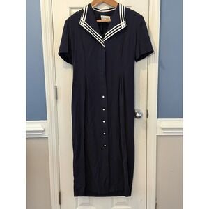 Miss Dorby Navy vintage sailor Midi Dress Collared Button Size 10  Classic